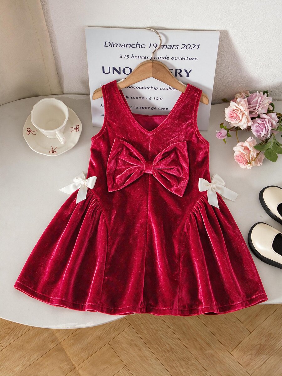 SHEIN 1pc Young Girl Velvet A-Line Dress Elegant Sweet Burgundy Big ...