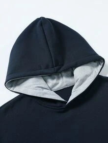 Manfinity Roghcode Men's Autumn Streetwear Dark Grey Thermal Lined Hoodie,Solid Color Fleece Oversized Sweatshirt,Graduation Back-To-School Two-Tone Patchwork Hood - Navy Blue - View 4