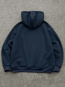 Manfinity Roghcode Men's Autumn Streetwear Dark Grey Thermal Lined Hoodie,Solid Color Fleece Oversized Sweatshirt,Graduation Back-To-School Two-Tone Patchwork Hood - Navy Blue - View 2