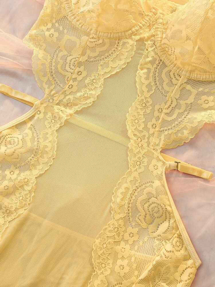 DelicateAllure Women's Sexy Hollow Out Lace Double Side Slit Nightgown - Yellow - View 5