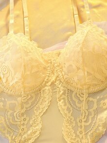 DelicateAllure 女款性感鏤空蕾絲雙側開衩睡裙 - 黃色 - 查看 3