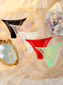 DelicateAllure 5pcs Multicolor Mesh Patchwork Sheer Pure Elegant Women's Triangle Panties - Multicolor - View 2