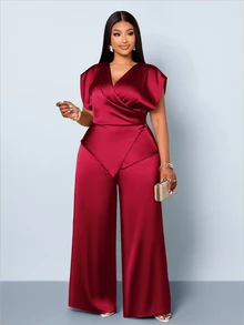 SOLERSUN Plus-Size Solid-Color Satin Wrap Blouse And Wide-Leg Trousers: A Casual, Minimalist Two Pieces Set. Christmas - Burgundy - View 2