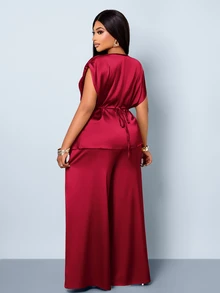 SOLERSUN Plus-Size Solid-Color Satin Wrap Blouse And Wide-Leg Trousers: A Casual, Minimalist Two Pieces Set. Christmas - Burgundy - View 4
