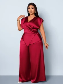 SOLERSUN Plus-Size Solid-Color Satin Wrap Blouse And Wide-Leg Trousers: A Casual, Minimalist Two Pieces Set. Christmas - Burgundy - View 5
