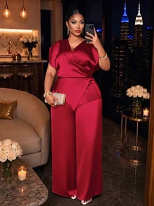 SOLERSUN Plus-Size Solid-Color Satin Wrap Blouse And Wide-Leg Trousers: A Casual, Minimalist Two Pieces Set. Christmas - Burgundy - View 3