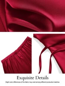 SOLERSUN Plus-Size Solid-Color Satin Wrap Blouse And Wide-Leg Trousers: A Casual, Minimalist Two Pieces Set. Christmas - Burgundy - View 6
