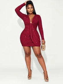 Poshavie Poshavie Plus Size Glitter Long Sleeve Red Dress Deep V Neck Front Tie Draped Ruched Bodycon Elegant Club Party Night Out Mini Dress - Burgundy - View 4