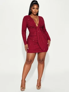 Poshavie Poshavie Plus Size Glitter Long Sleeve Red Dress Deep V Neck Front Tie Draped Ruched Bodycon Elegant Club Party Night Out Mini Dress - Burgundy - View 6