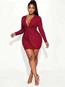 Poshavie Poshavie Plus Size Glitter Long Sleeve Red Dress Deep V Neck Front Tie Draped Ruched Bodycon Elegant Club Party Night Out Mini Dress - Burgundy - View 5