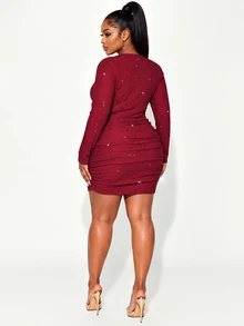 Poshavie Poshavie Plus Size Glitter Long Sleeve Red Dress Deep V Neck Front Tie Draped Ruched Bodycon Elegant Club Party Night Out Mini Dress - Burgundy - View 2