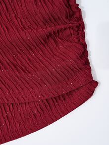 Poshavie Poshavie Plus Size Glitter Long Sleeve Red Dress Deep V Neck Front Tie Draped Ruched Bodycon Elegant Club Party Night Out Mini Dress - Burgundy - View 7