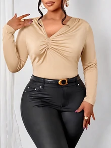 SOLERSUN Plus Size Women's Top, Fitted Long Sleeve With Ruched Front And Metal Accents, Apricot Solid Color Classic Versatile, Suitable For Daily Commute, Dating And Casual Social Occasions - Khaki - View 6
