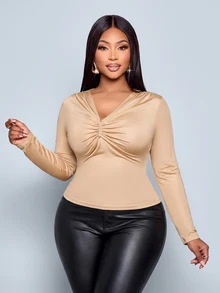 SOLERSUN Plus Size Women's Top, Fitted Long Sleeve With Ruched Front And Metal Accents, Apricot Solid Color Classic Versatile, Suitable For Daily Commute, Dating And Casual Social Occasions - Khaki - View 2