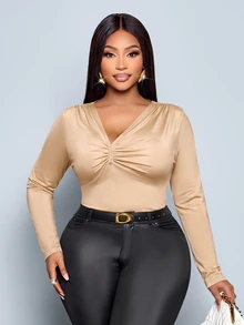 SOLERSUN Plus Size Women's Top, Fitted Long Sleeve With Ruched Front And Metal Accents, Apricot Solid Color Classic Versatile, Suitable For Daily Commute, Dating And Casual Social Occasions - Khaki - View 3
