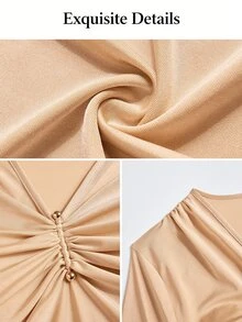 SOLERSUN Plus Size Women's Top, Fitted Long Sleeve With Ruched Front And Metal Accents, Apricot Solid Color Classic Versatile, Suitable For Daily Commute, Dating And Casual Social Occasions - Khaki - View 7