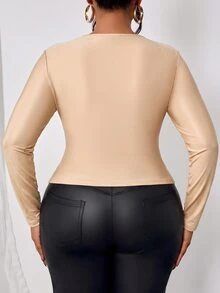SOLERSUN Plus Size Women's Top, Fitted Long Sleeve With Ruched Front And Metal Accents, Apricot Solid Color Classic Versatile, Suitable For Daily Commute, Dating And Casual Social Occasions - Khaki - View 4