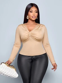 SOLERSUN Plus Size Women's Top, Fitted Long Sleeve With Ruched Front And Metal Accents, Apricot Solid Color Classic Versatile, Suitable For Daily Commute, Dating And Casual Social Occasions - Khaki - View 5