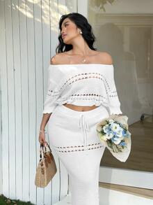 Sunnyshic Plus Size Women's White Sommar Silky Smart Casual Elegant Vacation Holiday Bohemian Ruffle Hollow-Out Ruffle Knit Top Drawstring Skirt Set Party - White - View 1