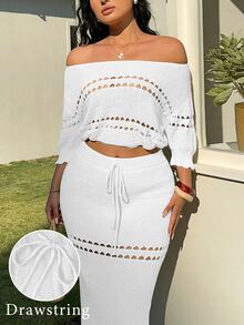 Sunnyshic Plus Size Women's White Sommar Silky Smart Casual Elegant Vacation Holiday Bohemian Ruffle Hollow-Out Ruffle Knit Top Drawstring Skirt Set Party - White - View 3