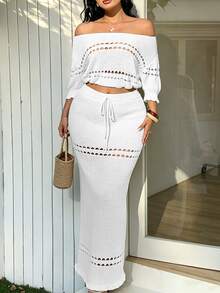 Sunnyshic Plus Size Women's White Sommar Silky Smart Casual Elegant Vacation Holiday Bohemian Ruffle Hollow-Out Ruffle Knit Top Drawstring Skirt Set Party - White - View 5