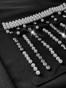 Viva Relle Spring Autumn Winter Satin Patchwork Beaded Rhinestone Shiny Design Lapel Fish Tail Hem Simple Elegant Party Casual Banquet Elegant Exquisite High-End Niche Design New Must-Have Daily Wear Black Plus Size Women Long Blazer - Black - View 8