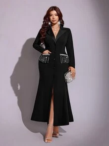 Viva Relle Spring Autumn Winter Satin Patchwork Beaded Rhinestone Shiny Design Lapel Fish Tail Hem Simple Elegant Party Casual Banquet Elegant Exquisite High-End Niche Design New Must-Have Daily Wear Black Plus Size Women Long Blazer - Black - View 1