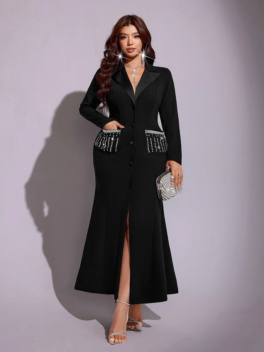 Viva Relle Spring Autumn Winter Satin Patchwork Beaded Rhinestone Shiny Design Lapel Fish Tail Hem Simple Elegant Party Casual Banquet Elegant Exquisite High-End Niche Design New Must-Have Daily Wear Black Plus Size Women Long Blazer - Black - View 1