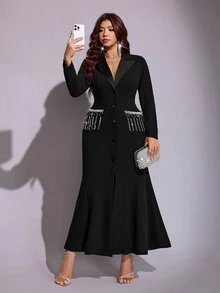 Viva Relle Spring Autumn Winter Satin Patchwork Beaded Rhinestone Shiny Design Lapel Fish Tail Hem Simple Elegant Party Casual Banquet Elegant Exquisite High-End Niche Design New Must-Have Daily Wear Black Plus Size Women Long Blazer - Black - View 5