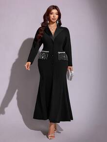 Viva Relle Spring Autumn Winter Satin Patchwork Beaded Rhinestone Shiny Design Lapel Fish Tail Hem Simple Elegant Party Casual Banquet Elegant Exquisite High-End Niche Design New Must-Have Daily Wear Black Plus Size Women Long Blazer - Black - View 7