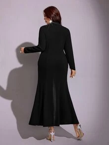 Viva Relle Spring Autumn Winter Satin Patchwork Beaded Rhinestone Shiny Design Lapel Fish Tail Hem Simple Elegant Party Casual Banquet Elegant Exquisite High-End Niche Design New Must-Have Daily Wear Black Plus Size Women Long Blazer - Black - View 2