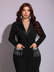 Viva Relle Spring Autumn Winter Satin Patchwork Beaded Rhinestone Shiny Design Lapel Fish Tail Hem Simple Elegant Party Casual Banquet Elegant Exquisite High-End Niche Design New Must-Have Daily Wear Black Plus Size Women Long Blazer - Black - View 4