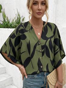 Ceyna Women's Plus Size Casual Boho Olive Green Contrast Leaf Print Deep V-Neck Batwing Sleeve Ultra Loose Button Decor Fashion Versatile Outing Beach Shirt - Multicolor - View 1