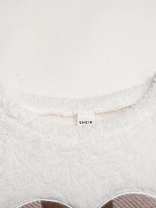 SHEIN 少女秋冬簡約愛心刺繡圓領長袖上衣 + 格紋睡褲，柔軟舒適親膚雙面刷毛居家休閒睡衣套裝，2件組 - 彩色 - 查看 9