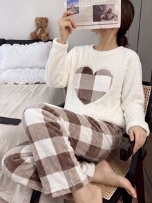 SHEIN 少女秋冬簡約愛心刺繡圓領長袖上衣 + 格紋睡褲，柔軟舒適親膚雙面刷毛居家休閒睡衣套裝，2件組 - 彩色 - 查看 7
