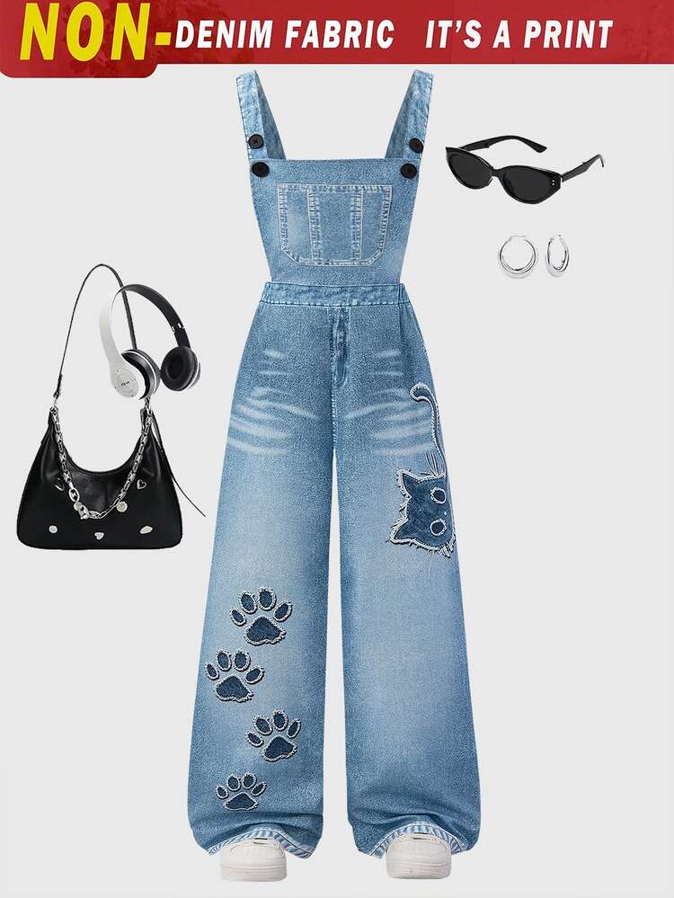 SHEIN 青少年女孩抓絨秋季服飾 秋冬/冬季 羅紋燈芯絨 可調式扣環彈性腰部連身褲，適合秋冬穿著，日常穿搭 - 藍色 - 查看 3