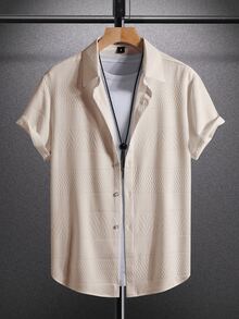 Manfinity Homme Men Solid Color Plain Button-Down Casual Short-Sleeve Shirt For Boyfriend Gift Short Sleeve Dress Beige Men's Textured Tan Shirts Nude - Apricot - View 2