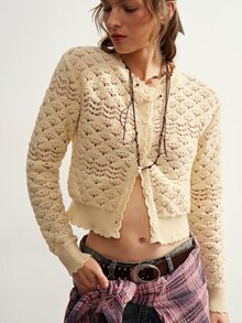 Bohemela Fall/Winter Outfit, Women Solid Button Placket Open Casual Daily Cable Knit Crop Cardigan, Concert Party Outfit, Everyday & Vacation & Going Out Wear - Yellow - View 5