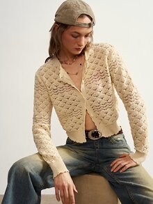 Bohemela Fall/Winter Outfit, Women Solid Button Placket Open Casual Daily Cable Knit Crop Cardigan, Concert Party Outfit, Everyday & Vacation & Going Out Wear - Yellow - View 2