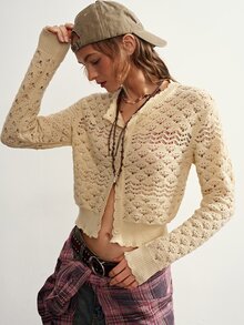 Bohemela Fall/Winter Outfit, Women Solid Button Placket Open Casual Daily Cable Knit Crop Cardigan, Concert Party Outfit, Everyday & Vacation & Going Out Wear - Yellow - View 4