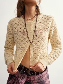 Bohemela Fall/Winter Outfit, Women Solid Button Placket Open Casual Daily Cable Knit Crop Cardigan, Concert Party Outfit, Everyday & Vacation & Going Out Wear - Yellow - View 1