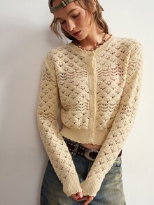 Bohemela Fall/Winter Outfit, Women Solid Button Placket Open Casual Daily Cable Knit Crop Cardigan, Concert Party Outfit, Everyday & Vacation & Going Out Wear - Yellow - View 6