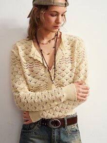 Bohemela Fall/Winter Outfit, Women Solid Button Placket Open Casual Daily Cable Knit Crop Cardigan, Concert Party Outfit, Everyday & Vacation & Going Out Wear - Yellow - View 7