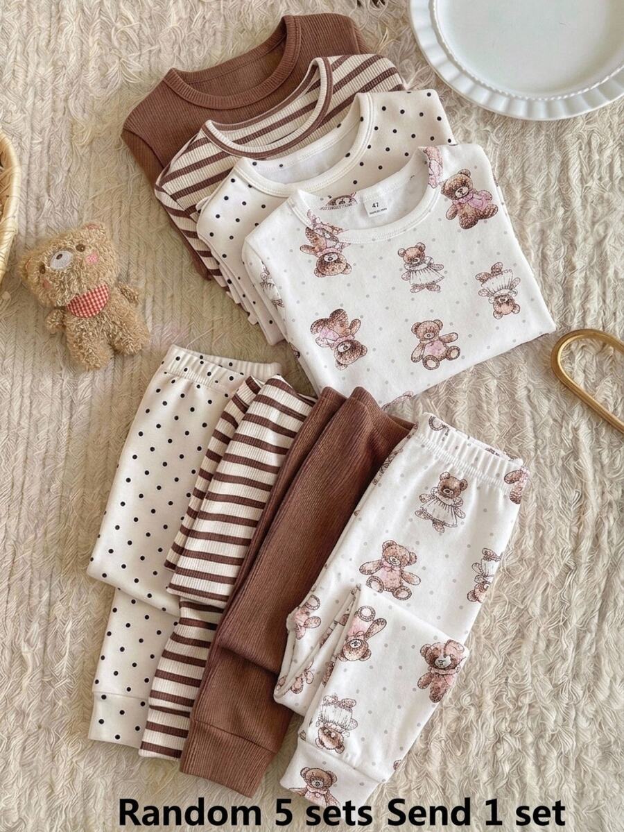 Girls Cute Teddy Bear Print Slim Fit Pajama Set, Long Sleeve Crew Neck Top And Elastic Pants, Soft Children's Sleepwear, Suitable For Outdoor Activities, Random 5 Sets Send 1 Set - Beige - View 1
