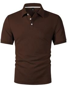 Manfinity Homme 男士正式純色極簡日常短袖紋理棕色 Polo 衫 - 棕色 - 查看 3