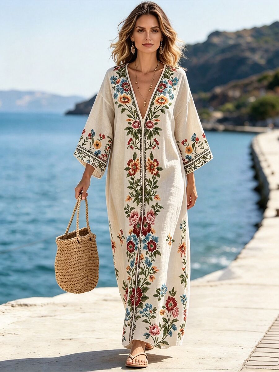 Ceyna Plus Size Deep V-Neck Symmetrical Placement Print Long Loose Dropped Shoulder Dress Beach Vacation Vacation Vacation Beige Summer Boho Bohemian