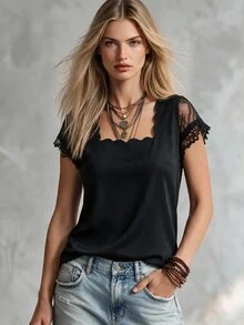 SHEIN 女士蕾絲拼接短袖襯衫 - 黑色 - 查看 4