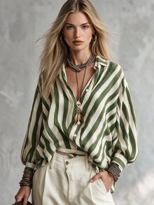SHEIN 女款復古棕色條紋翻領寬鬆長袖襯衫，垂墜慵懶休閒度假通勤百搭上衣 - 軍綠色 - 查看 3