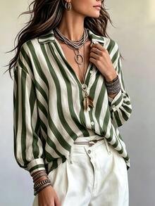 SHEIN 女款復古棕色條紋翻領寬鬆長袖襯衫，垂墜慵懶休閒度假通勤百搭上衣 - 軍綠色 - 查看 4