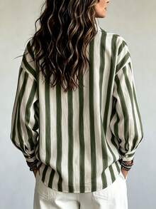SHEIN 女款復古棕色條紋翻領寬鬆長袖襯衫，垂墜慵懶休閒度假通勤百搭上衣 - 軍綠色 - 查看 6